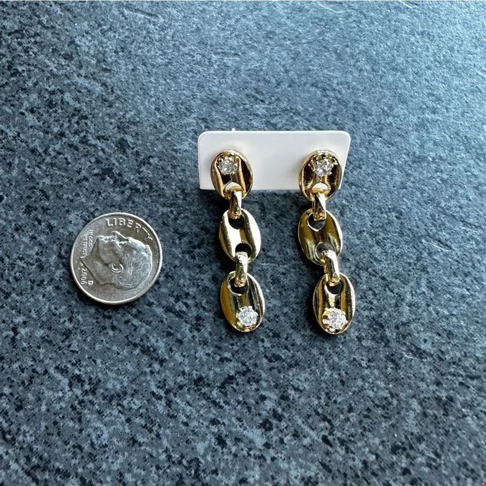 NEW 18K Yellow Gold Oval Link Dangle Drop Earrings w/ Round Clear Crystal CZ